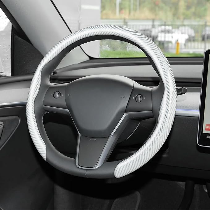 frani Leather Steering Wheel Cover, Universal 15 Inch Premium Non-Slip Steering Wheel Cover White Carbon Fiber Texture