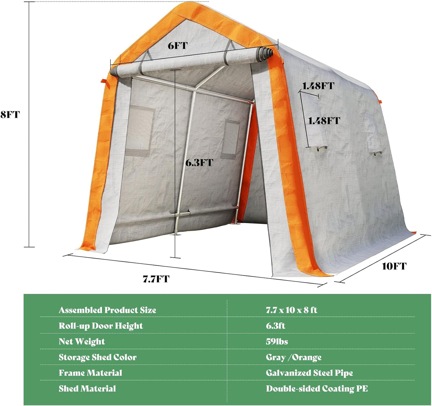 AMERLIFE 8x10x8 FT Heavy Duty Portable Shed Storage Shelter, Outdoor Storage Shed with 4 Waterproof Windows & Roll-Up Zipper Door, Carport for Motorcycle, Bike, Grey