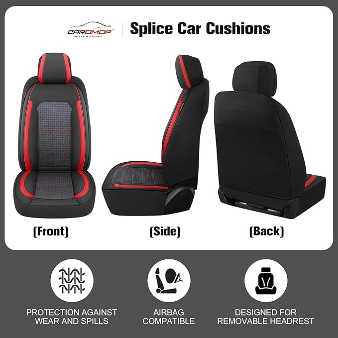 CAROMOP Premium PU Leather&Flannel Car Seat Covers 2 Front Set with Breathable Cloth,Universal Fit for Most Car Interior Covers-Sedan Truck SUV(Black/Red)