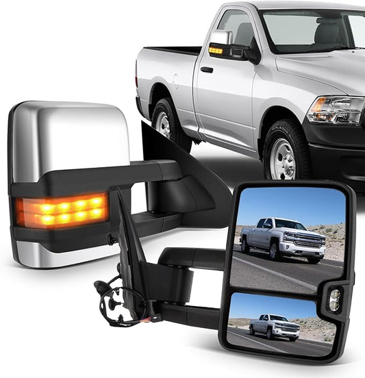 ECCPP Towing Mirrors Tow Mirrors With 2014-2020 For Chevy Silverado For GMC Sierra 1500/2500/3500 HD Power Adjusted Heated Led Turn Signal Width Light Chrome Pickup Truck