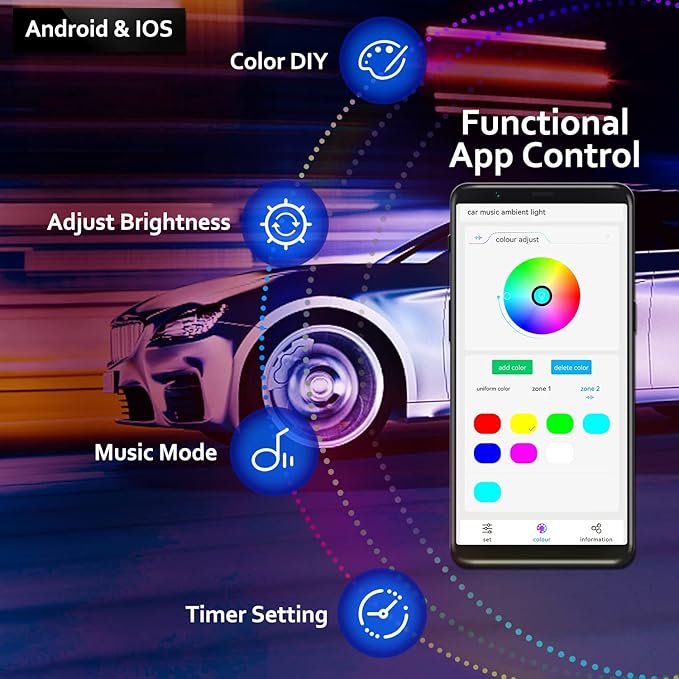 Dreamcolor Acrylic Interior Car Lights, 2 Piece 43.3inch/110cm 128 Colorful Car LED Strip Light RGB Fiber Optic Rainbow Ambient Lighting bar, Universal Decoration Dynamic Atmosphere Neon Lights