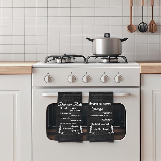 Funny Bathroom Rules Decorative Hand Towels Set of 2, Rustic Farmhouse Hand Towels for Bathroom Decor, 16x24 Inch(Coal Black Style)