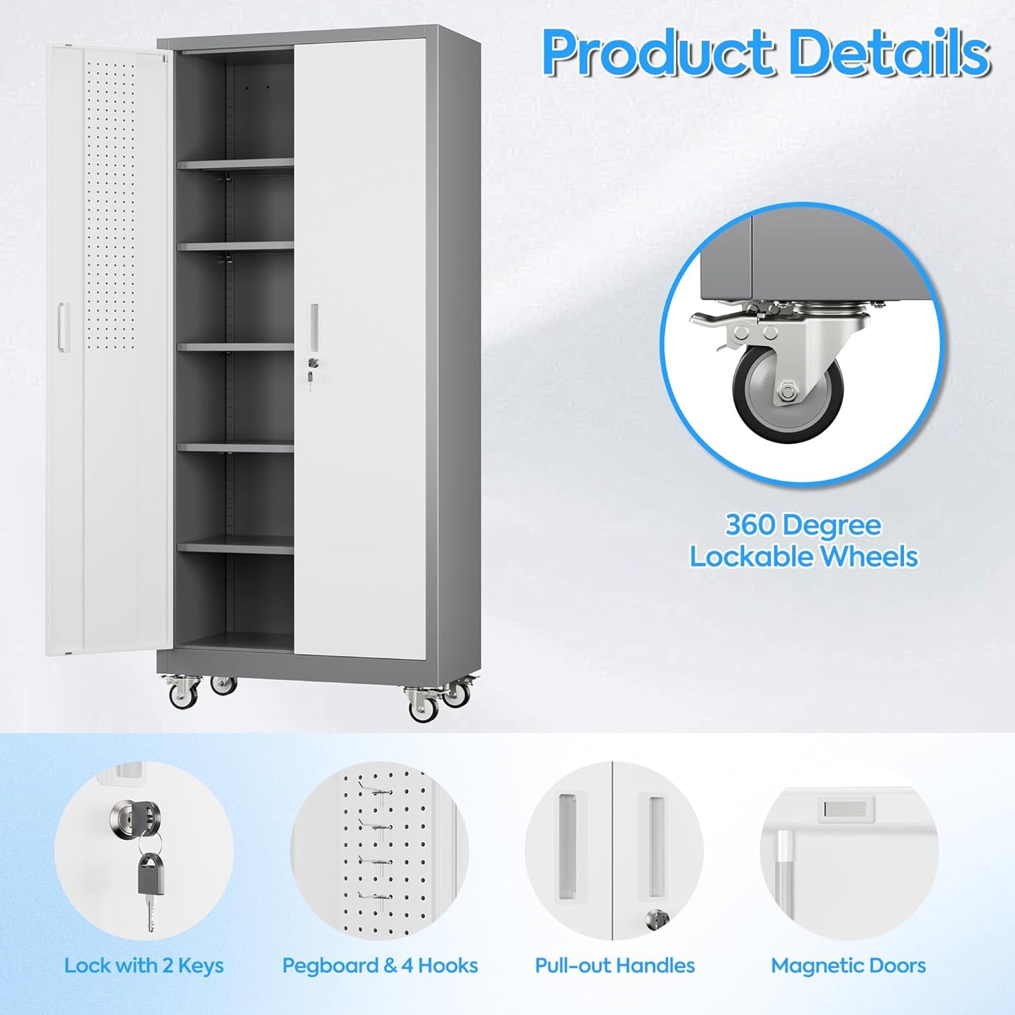 71" H×32" W×16" D Garage Storage Cabinet with Wheels & Pegboard, Locking Metal Storage Cabinet with Doors and 5 Adjustable Shelves & & 4 Hooks for Garage Warehouse Home Office, White and Gray