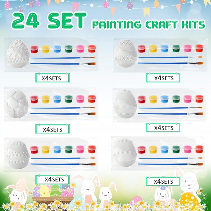 24 Set Easter Egg DIY Painting Kit Ceramic to Paint Your Own Egg Statues Unpainted Plaster Figurines with Brushes Acrylic Bags Arts and Crafts Kits Party Favor for Adults