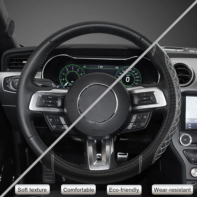 West Llama Car Steering Wheel Cover for Ford Escape,Explorer,Fusion,Focus,Bronco,Transit,Edge(Diamond Quilted - Black+Gray- Standard Size)