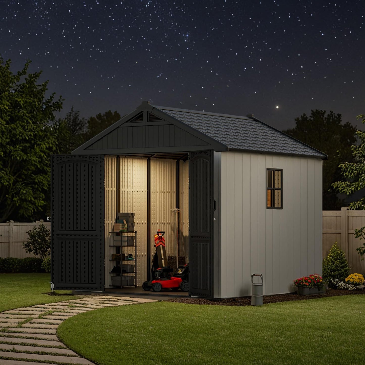 Patiowell 8 x 8 FT Resin Outdoor Storage Shed with Floor, Large Shed with Light and Lockable Door for Garden, Backyard, Tool Storage Use, Easy to Install in Beige (Kick-it Shed)