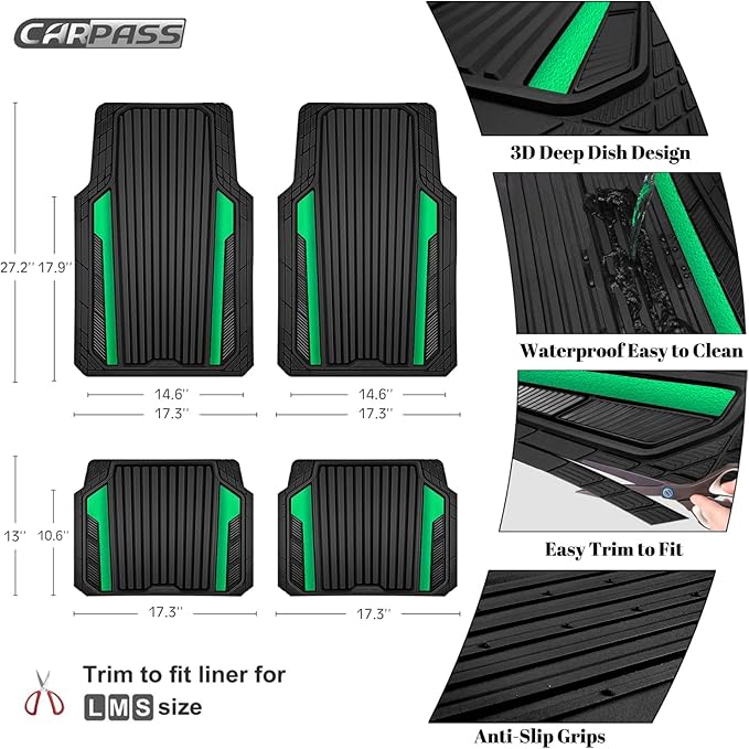 CAR PASS Heavy Duty Rubber Car Mats Metallic,Aluminum Film All Weather Floor Mats Waterproof Universal Trim to Fit SUVs Sedans Vans 4 Piece Anodized Deep Dish Two-Tone Sporty Black Green Chrome