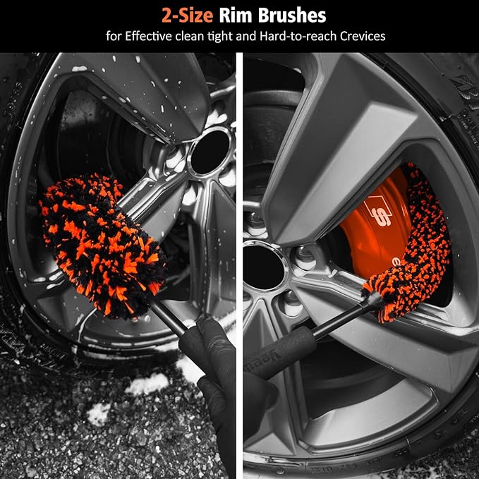 YeewayVeh 4PCS Car Wheel Cleaning Kit, 2-Size Bendable Microfiber Wool Wheel Brush Set, Tire Brush, Double-Ended Detailing Brush, Soft Non-Metallic Rim Cleaner Brushes for SUVs, RVs & Trucks