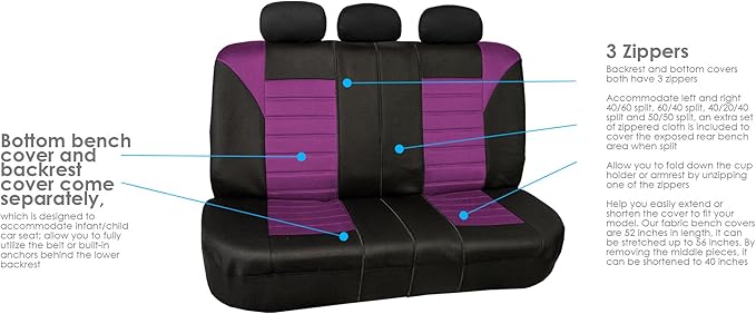 FH Group Automotive Car Seat Covers Full Set Premium 3D Air Mesh Front Seat Covers, Airbag Compatible & Split Bench Cover Universal Fit Interior Accessories for Cars Trucks and SUVs - Purple