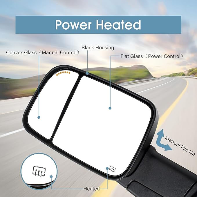 BOOLEE Towing Mirrors Power Heated Compatible with 2009-2018 Dodge Ram 1500,2019-2023 Dodge Ram 1500 Classic Arrow Lamp Puddle Light Temp Sensor Pickup Truck Tow Mirrors Black