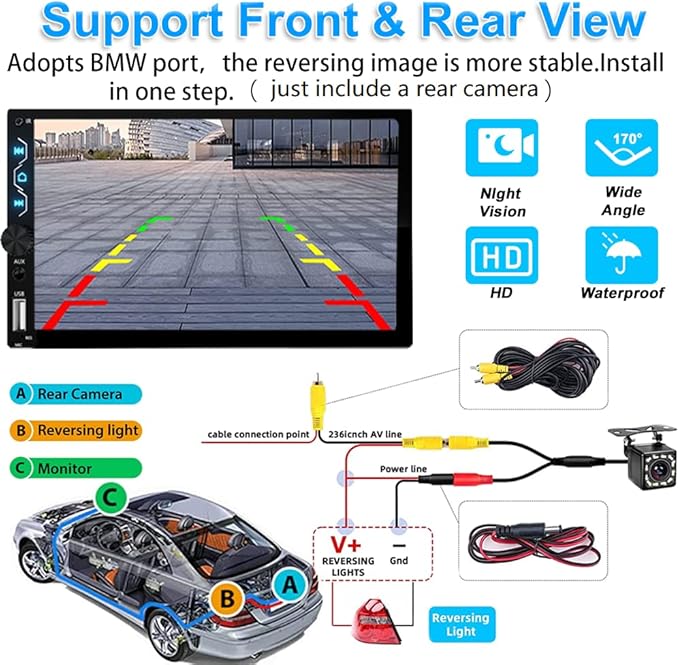 Double Din Car Stereo with Wireless Carplay,Wireless Android Auto,7 inch Touch Screen Radio with Backup Camera,Bluetooth Car Audio Receiver,Mirror Link,SWC,FM/USB/AUX/Subwoofer