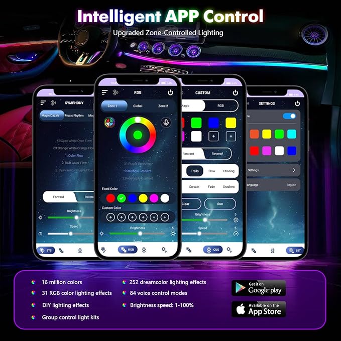 New Version Dreamcolor Acrylic Car Interior Lights 18 in 1 RGB Car Ambient Lighting Kit APP Control Zoned Control System 252 Color Modes DIY 16 Million Colors Music Sound Active Neon LED Strip Lights