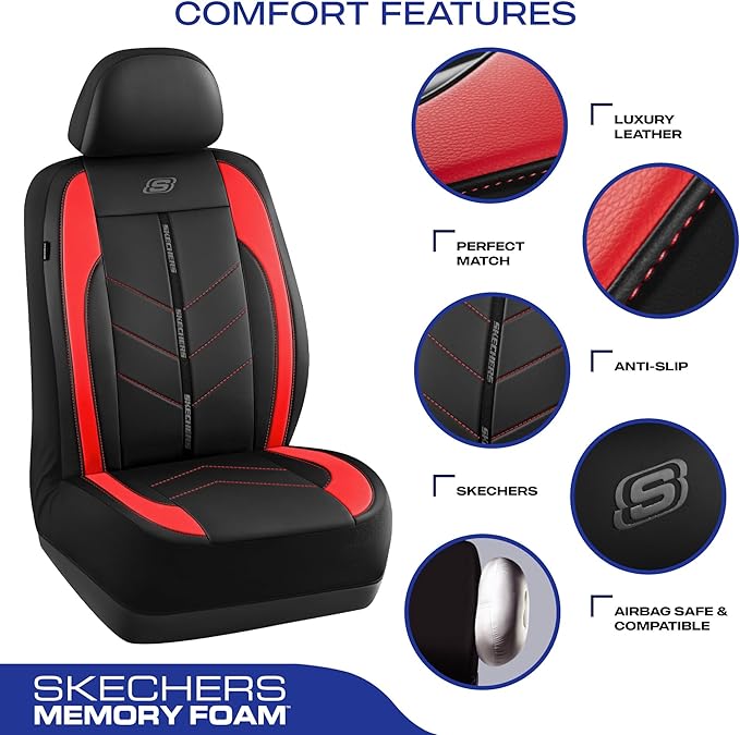 Skechers Car Seat Covers,Luxury Faux Leather Seat Covers,Waterproof Anti Slip Car Seat Protector Front Seats,Car Accessories Airbag Universal Fit for Most Cars,Vans,Trucks,SUV,Red