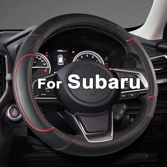 GIANT PANDA Customized Auto Steering Wheel Cover for Subaru Forester, Car Steering Wheel Cover for Subaru Outback and Crosstrek - Black+Red Trim