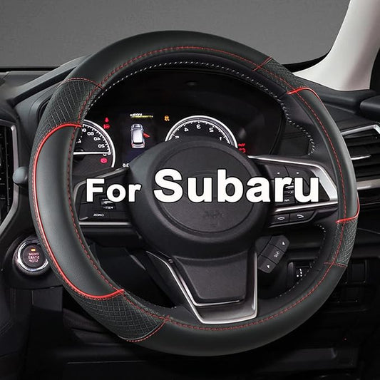 GIANT PANDA Customized Auto Steering Wheel Cover for Subaru Forester, Car Steering Wheel Cover for Subaru Outback and Crosstrek - Black+Red Trim