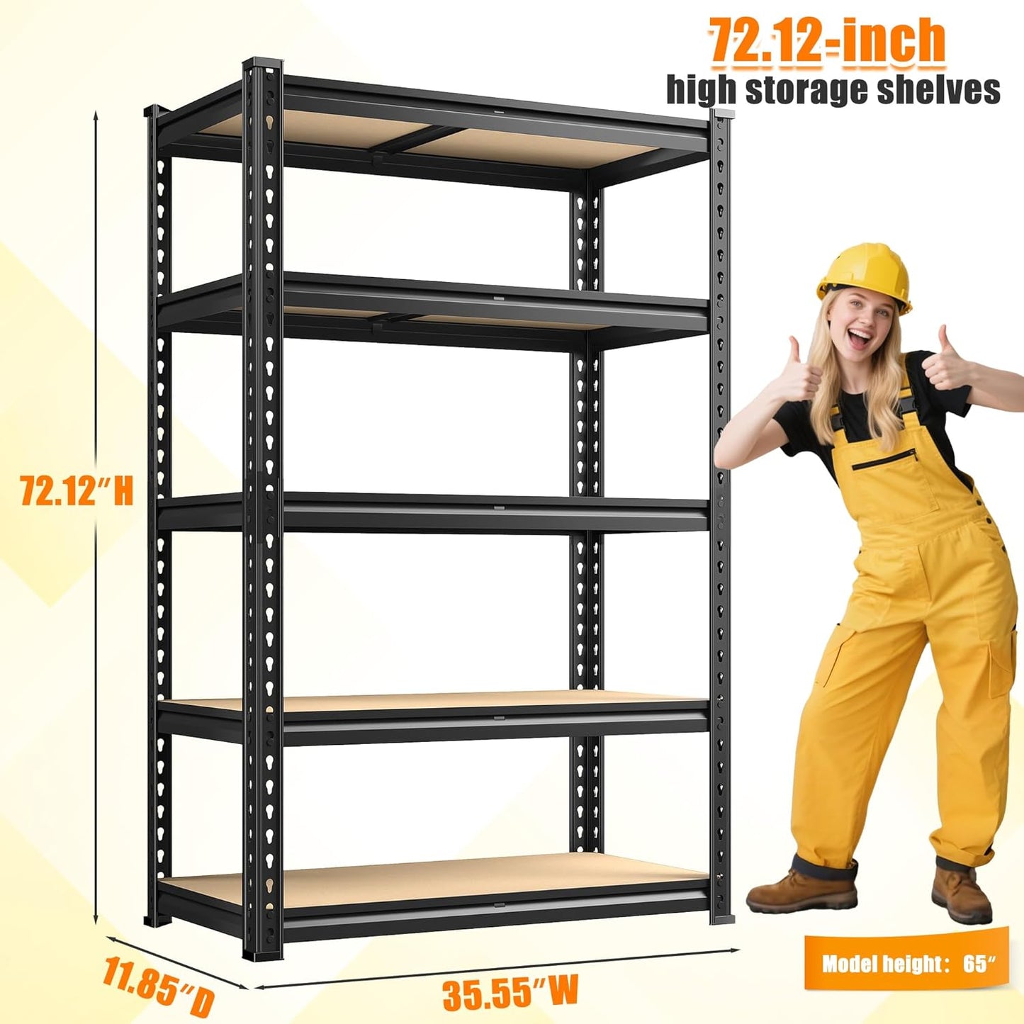72.12" H Garage Shelving, Storage Shelves Load 2100LBS, 5-Tier Adjustable Shelving Unit with Thickened Wooden Boards for Multiple Scenarios, 72.12" H x 35.55" W x 11.85" D, Black