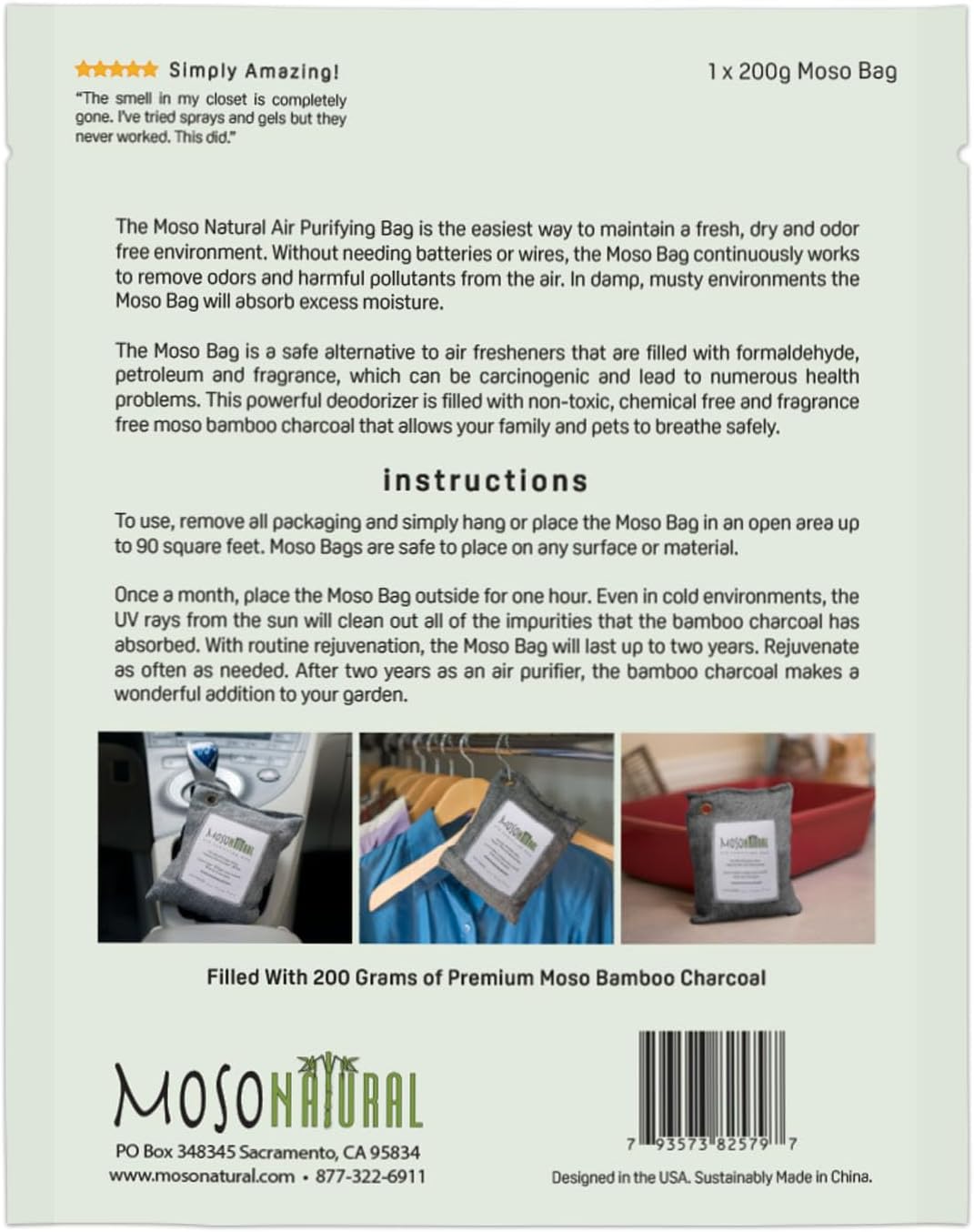 Moso Natural Air Purifying Bag 200g (2 Pack) Bamboo Charcoal Odor Absorber for Home & Car | Closet Odor Eliminator, Small Room Deodorizer & Car Air Freshener | Long Lasting Charcoal Bags Cover 90sqft