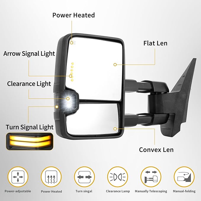 DWVO Towing Mirrors Compatible with 07-14 Silverado Sierra 1500 2500 3500 HD/Avalanche/Suburban, Turn Signal Light Running Lights Power Heated Manually Folding Switchback