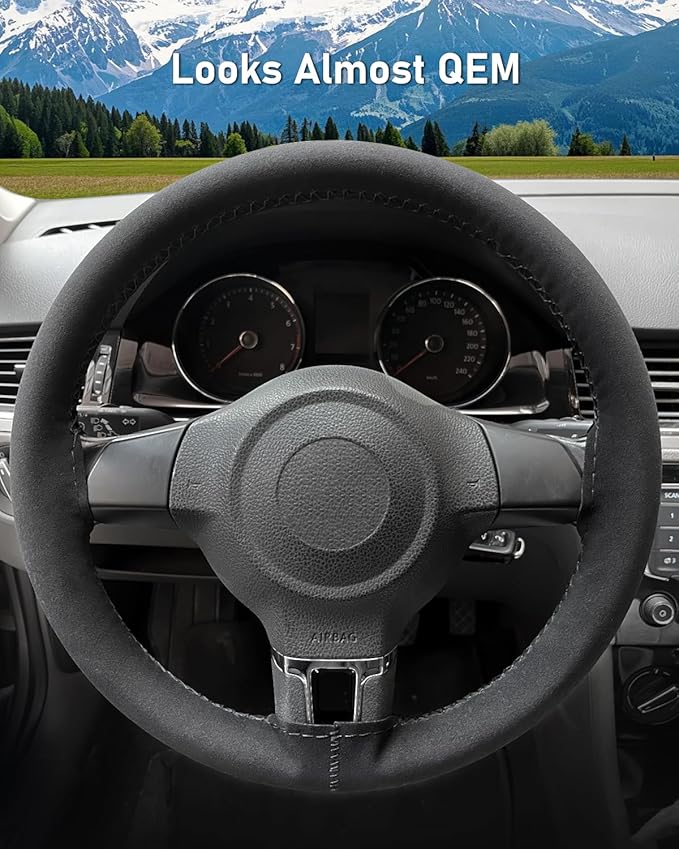 BELINOUS Suede Steering Wheel Leather Wrap (Size S5, Black)