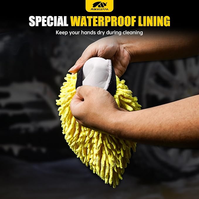 MIKKUPPA Car Wash Mitt Microfiber - Double-Sided Chenille Scratch Free Mitt with Waterproof Inner for Car Washing Home Cleaning (Yellow & Gray, 2Pack, 10'' x 7'')
