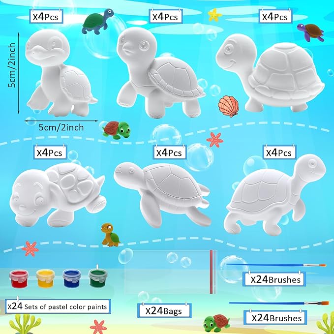Foilswirl 24 Set Turtle DIY Painting Kit Ceramic to Paint Your Own Turtle Statues Unpainted Plaster Figurines with Brushes Acrylic Bags Arts and Crafts Kits Party Favor for Adults