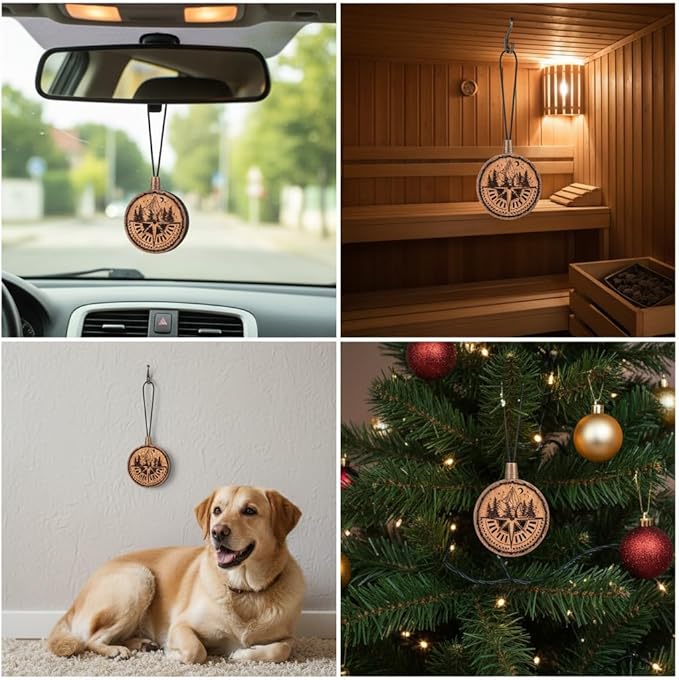 Wood Car Air Freshener — Compass Mountains — Handmade Unscented DIY Essential Oil Hanging Diffuser with Felt Insert — Add Your Own Oils — Refillable — Car/Truck/SUV — Cardboard Box