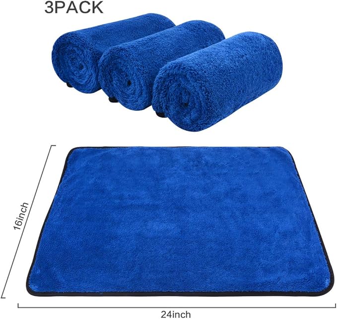 SINLAND Microfiber Car Drying Towels Ultra Absorbent,No Streaks,Scratches, or Water Spots,Wash Cleaning Auto Detailing Towels 380gsm 16inch x 24inch 3Pack Blue