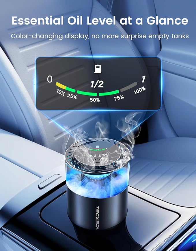 Car Air Freshener, Car Diffuser with Smart Spray Modes (4 Settings) & Essential Oil Monitor, 1600 Sprays USB-C Rechargeable, Auto On/Off, 2 Scents Refills, Car Scent with Ambient Light