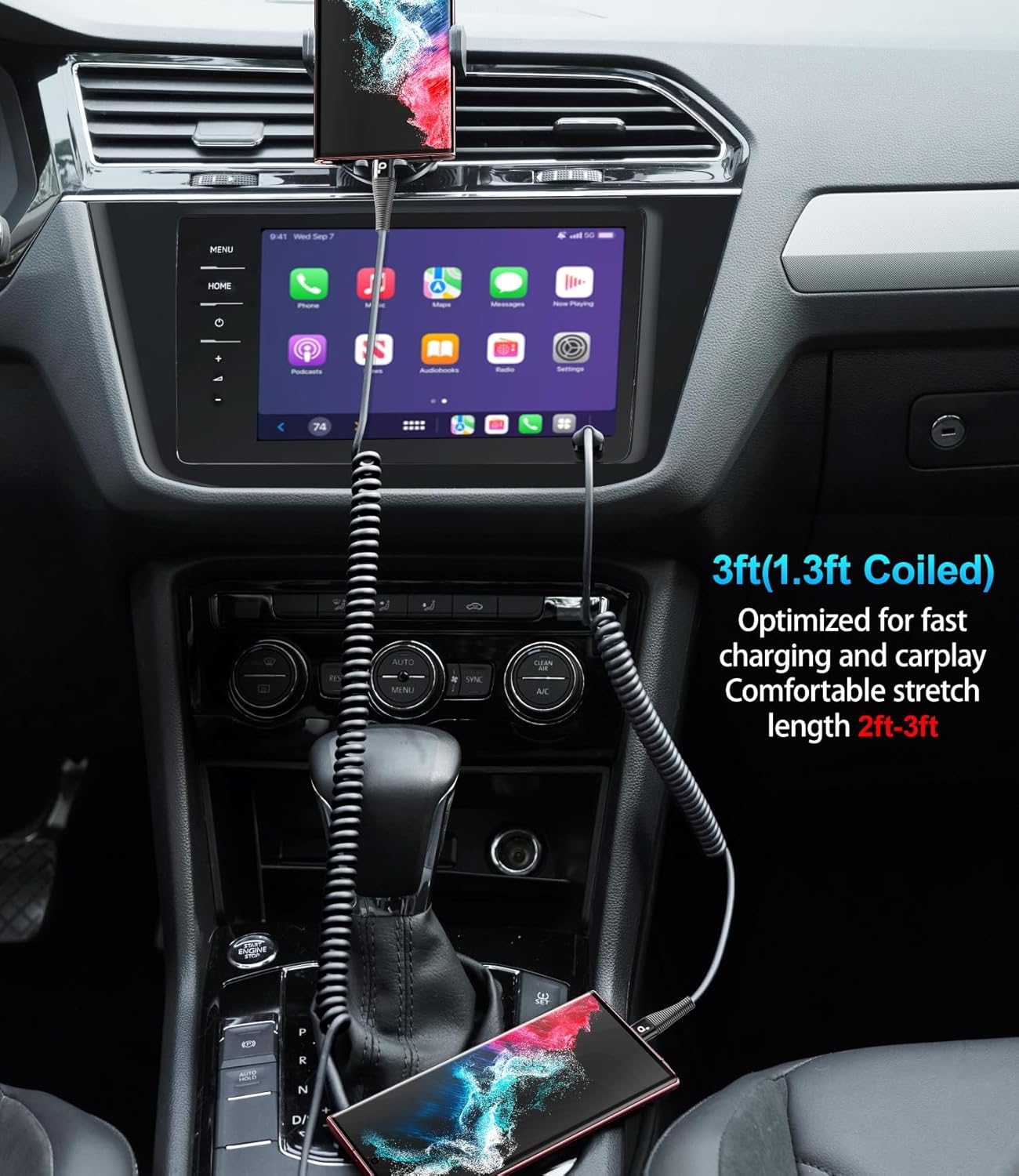 USB C to C Cable 100W 3FT for Car, Coiled USB C Cable Fast Charging for iPhone 16, Short USB Type C Cable for iPhone 15/Pro Max/Plus/Samsung Galaxy S23, Compatible All Type C Devices -Black