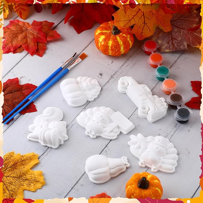 Foilswirl 24 Set Thanksgiving Turkey Ceramic to Paint Thanksgiving DIY Painting Kit Paint Your Own Fall Pumpkin Crafts Unpainted Turkey Figurine Plaster with Brushes Bags for Decor Party Favor Gifts
