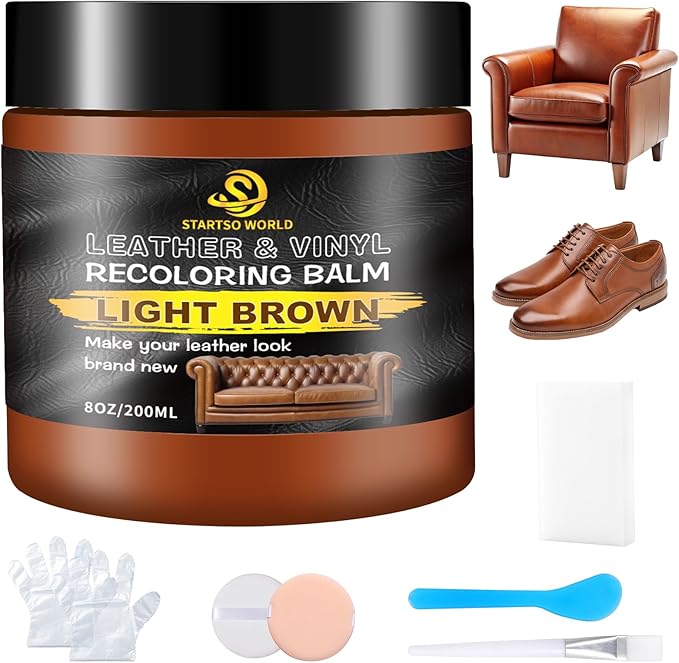 STARTSO WORLD Light Brown Leather Recoloring Balm, Leather Repair Kit for Furniture,Couches & Car Seats, Leather Paint, Leather Color Restorer, Leather Scratch Remover