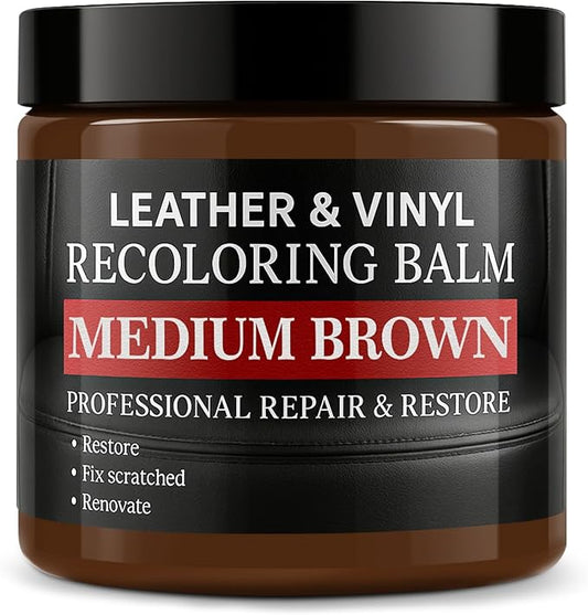 Leather Color Restorer, Leather Recoloring Balm, Scratch Remover, Leather Dye, Leather Paint, Leather Repair Kit for Furniture Couches Car Seats Shoes Bags, Medium Brown