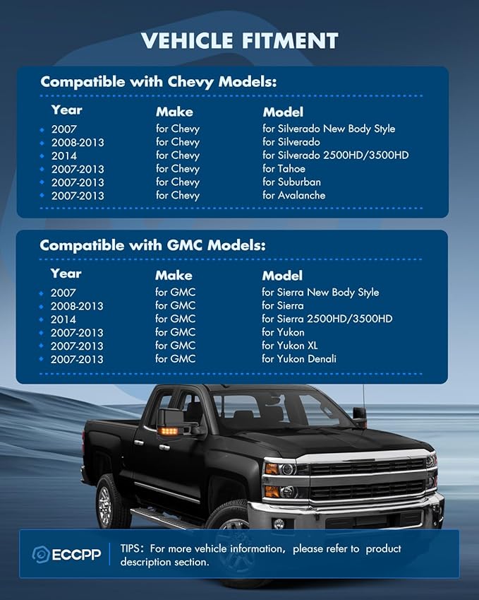 ECCPP Towing Mirrors Tow Mirrors With 2007-2014 For Chevrolet Silverado For GMC Sierra (07 For New Body) Power Adjusted Heated Led Turn Signal Width Light Black Pickup Truck