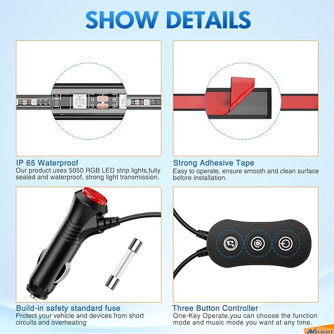 Nilight RGB LED Car Interior Stripe Light with APP Control Multicolor Music Sync Mode Waterproof Car Under-Glow Lighting Lamp Kits Universal Cars Truck ATV UTV
