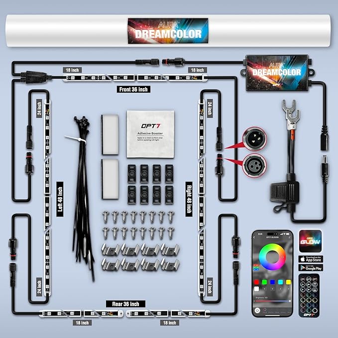 OPT7 Aura DreamColor Underglow Chasing Lights for Car with APP & Remote Control, Waterproof Rigid Aluminum LED Light Bar, Exterior Neon Accent Underbody RGBIC Light Kit, Multi Colors Music Mode, 12V