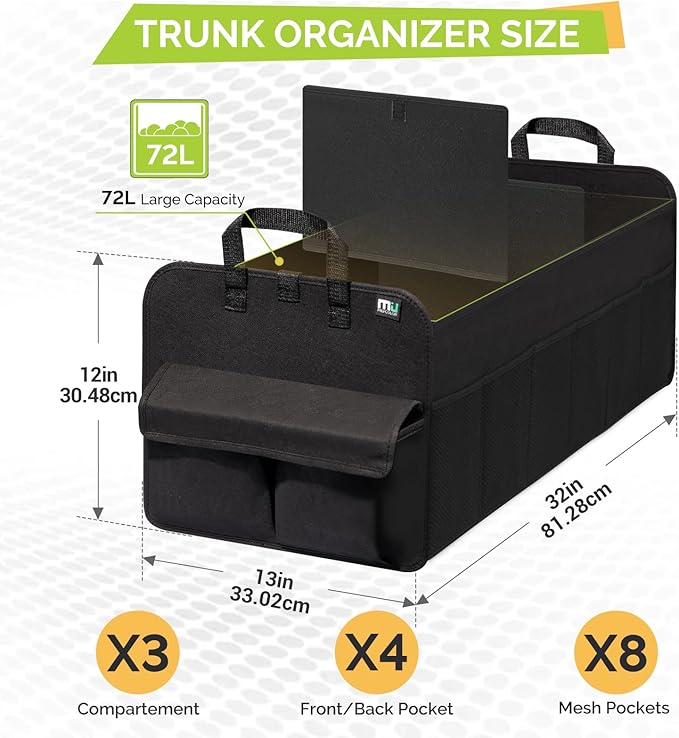 MIU COLOR Trunk Organizer for SUV, Collapsible Car Organizer with 12 Pockets, Non-Slip Bottom, Storage Organizer for Sedan, Van, Jeep, Grocery, Car Accessories, Large 3 Compartments, Black,32"×13"×12"