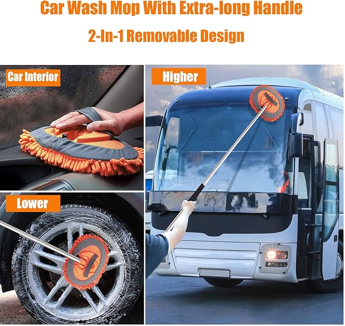 62" Car Wash Brush Mop Kit with Long Handle, 2 in 1 Chenille Microfiber Sponge Mitt Cleaning Detailing Duster for Washing Cars Truck SUV RV Caravans and Household(2 x Mop Head) (Orange)