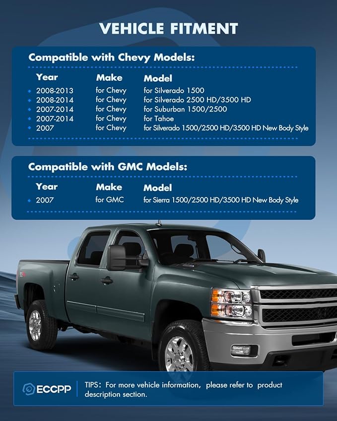 ECCPP Towing Mirrors Tow Mirrors With 2007-2014 For Chevy For GMC 1500/2500 HD/3500 HD(07 New Body Only) Power Adjusted Heated Turn Signal Light Black Housing Pickup