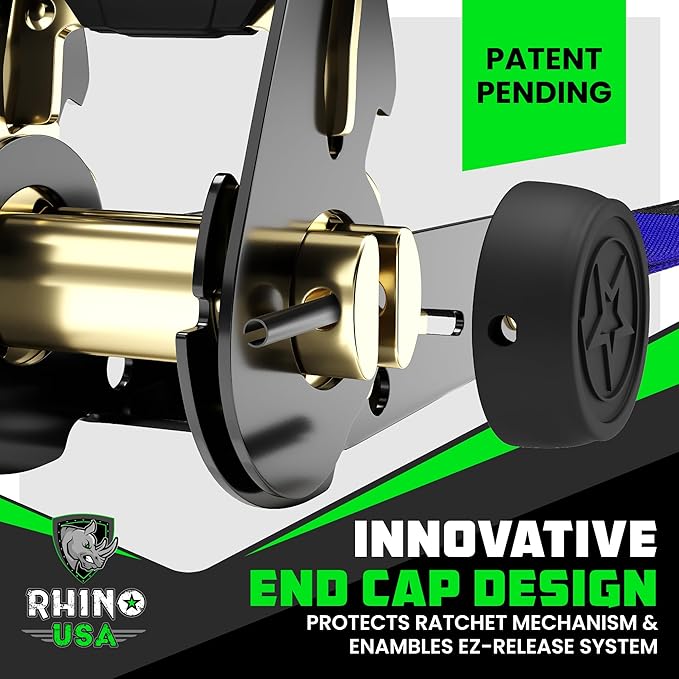 Rhino USA Ratchet Straps Tie Downs (4-Pack) - 1 Inch x 15 Feet (1,823lb Break Strength) - Ultimate Tie Down Straps with Safety S Hooks - for Trucks, Cargo, Moving, Appliances - Blue