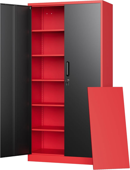 Letaya Metal Garage Storage Cabinets with Lock, 72" Tall Locker Organizer Steel Tool Cabinets,5 Adjustable Shelves 2 Doors for Home Office, Warehouse,Garage,Industrial,Employee (Black Red)
