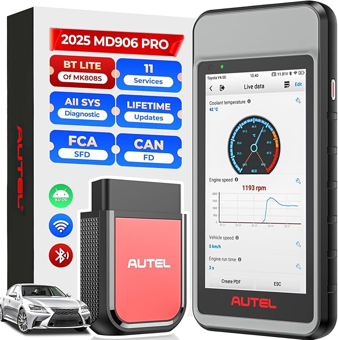 Autel MaxiDiag MD906 PRO OBD2 Scanner, 2025 MD906PRO All Sys Diagnostic Scan Tool Same as MD909 PRO, BT Lite of MK808S, CAN FD, 11 Services, 10 OBDII Test Modes, FCA, Free Update, Up of MD808Pro MD806