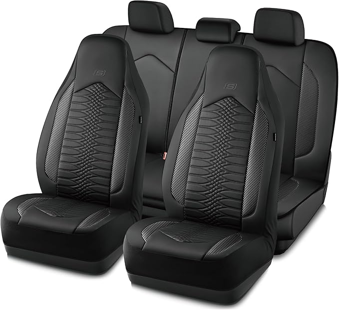 Skechers Memory Foam Car Seat Covers, Leather High Back Seat Covers Quilting Design,Waterproof Sports Car Seat Covers Full Sets,Airbag Compatible, Universal Fit for Most Cars, SUVs,Trucks,Black
