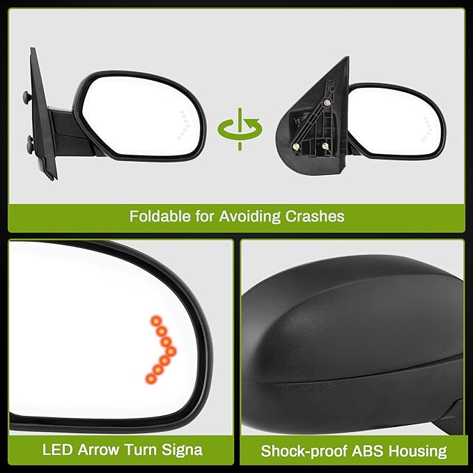 AUTOSAVER88 Towing Mirrors Compatible with 2007-2013 Chevy Silverado GMC Sierra 1500 Yukon 2500, Power Adjustable Tow Mirror Pair Set with LED Arrow Signal Puddle Light Folding