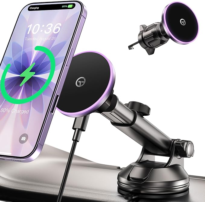 for MagSafe Car Mount Charger Dash Vent Windshield Wireless Car Charger with LED Light, Magnetic Phone Holder for Car for iPhone 17 16 15 14 13 12 Series, Fit MagSafe Accessories (Purple)
