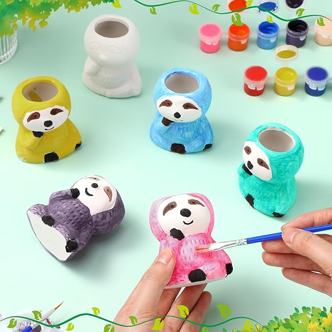 Pasimy 6 Set DIY Ceramic Succulent Planter Pots Paint Your Own Flower Pots Craft Kit Unpainted Bisque Paintable Flowerpot with Brush Palette Ready to Paint for Family Activity Gift(Sloth)