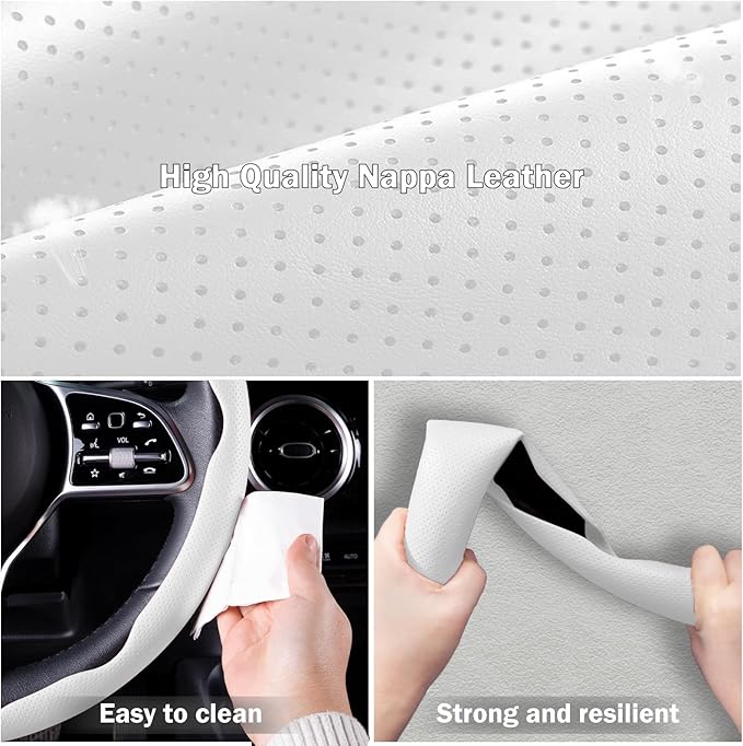 Nappa Leather Car Steering Wheel Cover for Men Women, Ultra-Thin Non-Slip Breathable Microfibre, Universal for 14.5"-15" Steering Wheel - White