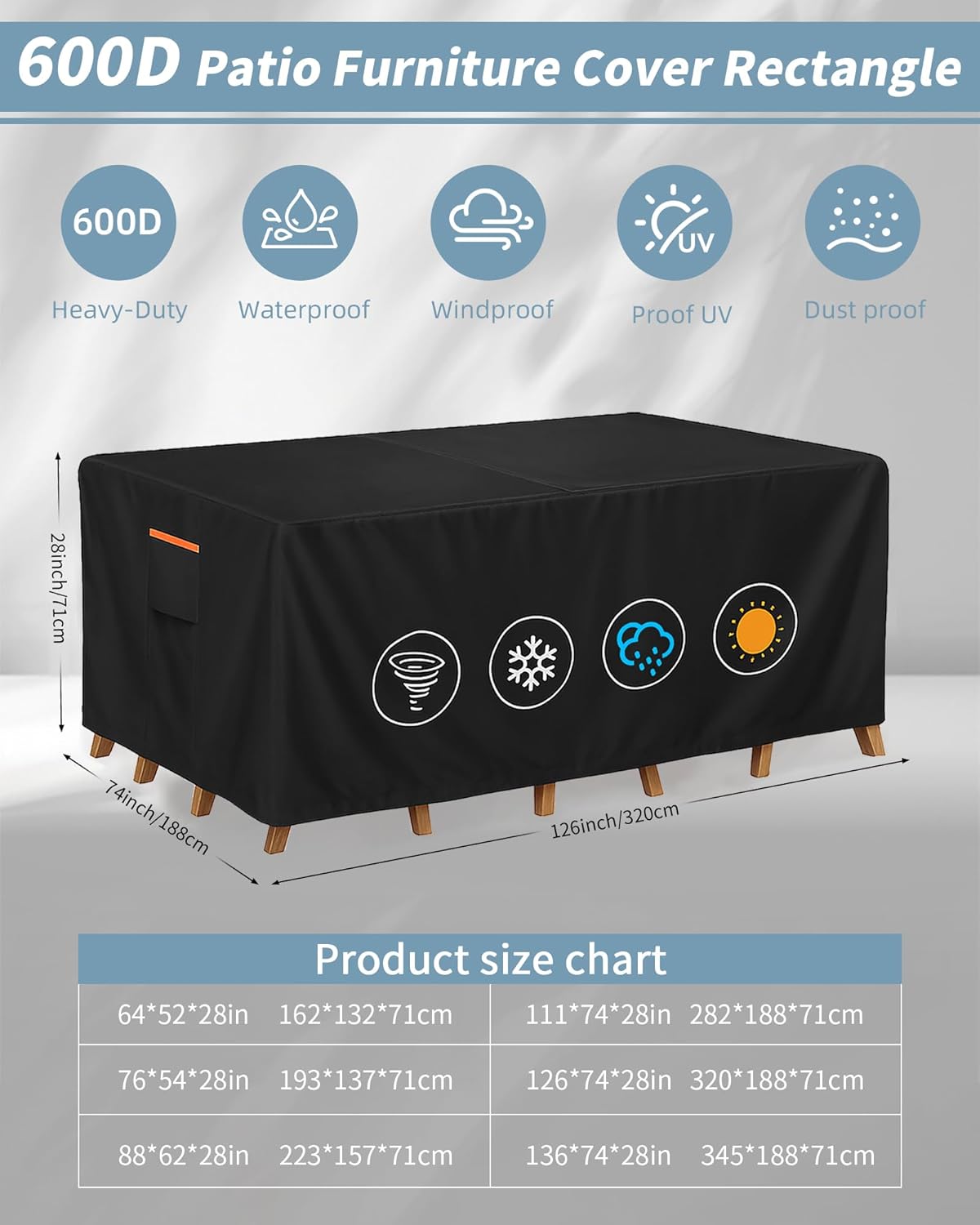 Outdoor Waterproof Furniture Cover, 126W x 74L x 28H inches Heavy Duty 600D Rectangular Table and Chair Set Protection, Black