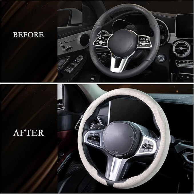 Aimato Nappa Leather Steering Wheel Cover, Ultra-Thin Car Steering Wheel Cover,Comfortable & Breathable Microfiber,Universal Fit for Most Cars,White