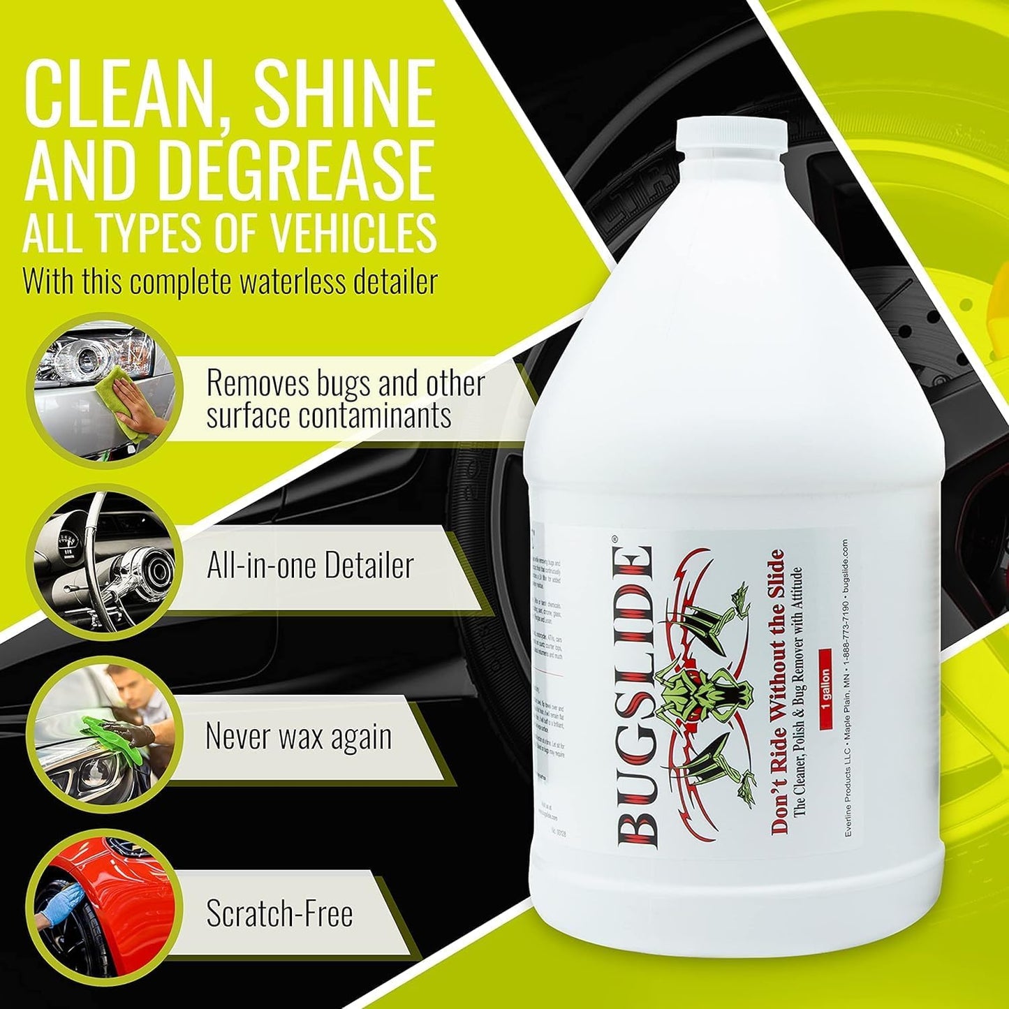 BugSlide 5 Gallon Cleaner Refill with Spray Bottles & Towels - All Surfaces Cleaning and Detailing Solution for Vehicle Interior and Exterior Use - Shines, Degreases, Polishes