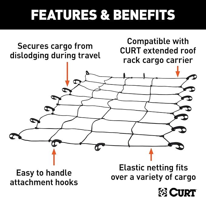 CURT 18201 65 x 38-Inch Elastic Cargo Net with Hooks for Roof Basket